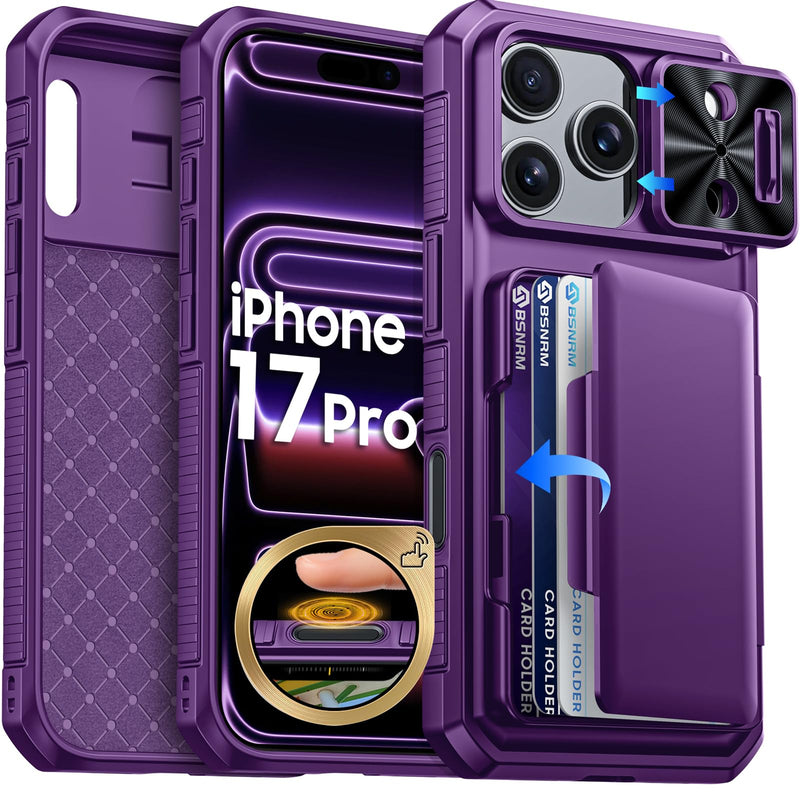 for iPhone 17 Pro Max Case Wallet, Built-in RFID Blocking Card Holder (4-5 Cards), Camera Control Button, Slide Camera Cover, Shockproof Rugged Silicone Phone Case for iPhone 17 Pro Max, Orange