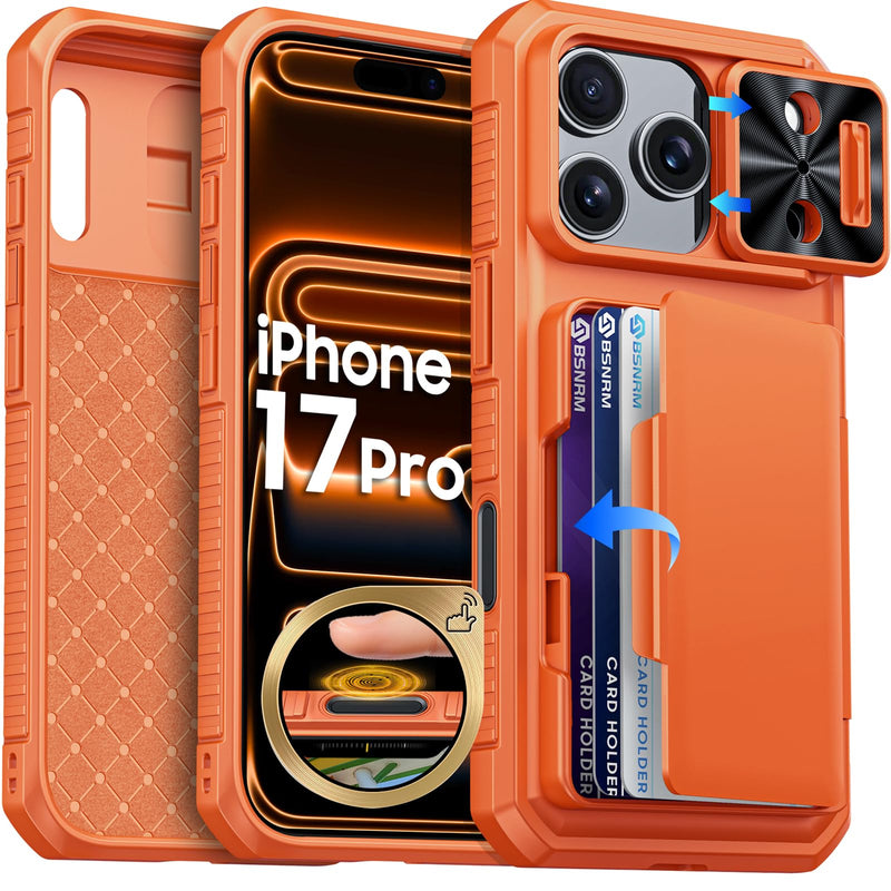 for iPhone 17 Pro Max Case Wallet, Built-in RFID Blocking Card Holder (4-5 Cards), Camera Control Button, Slide Camera Cover, Shockproof Rugged Silicone Phone Case for iPhone 17 Pro Max, Orange