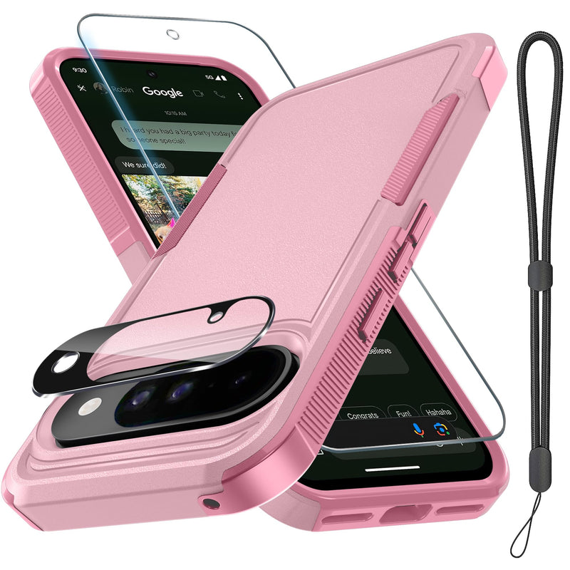 for Google Pixel 10 Pro XL Case with Wrist Lanyard Strap+Tempered Glass Screen Protector+Camera Lens Cover,Full Body Heavy Duty Rugged Shockproof Protective Phone Cover,Black Matte