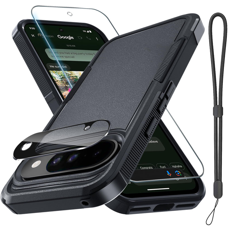 for Google Pixel 10 Pro XL Case with Wrist Lanyard Strap+Tempered Glass Screen Protector+Camera Lens Cover,Full Body Heavy Duty Rugged Shockproof Protective Phone Cover,Black Matte