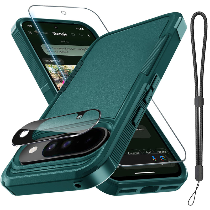 for Google Pixel 10 Pro XL Case with Wrist Lanyard Strap+Tempered Glass Screen Protector+Camera Lens Cover,Full Body Heavy Duty Rugged Shockproof Protective Phone Cover,Black Matte