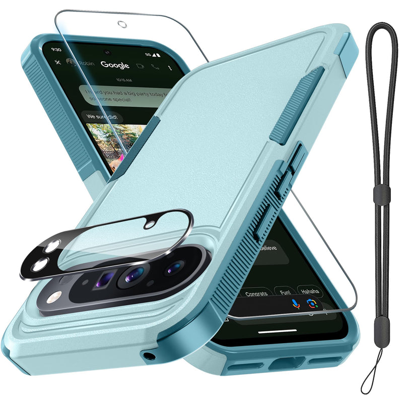 for Google Pixel 10 Pro XL Case with Wrist Lanyard Strap+Tempered Glass Screen Protector+Camera Lens Cover,Full Body Heavy Duty Rugged Shockproof Protective Phone Cover,Black Matte