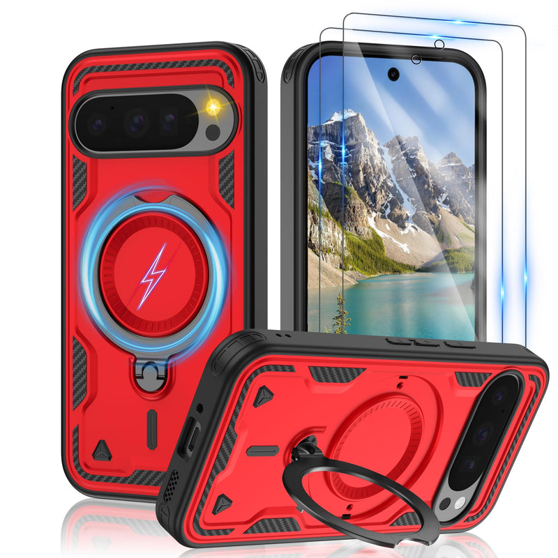 Gritup for Google Pixel 10 Pro XL Case：Compatible with MagSafe | with HD Screen Protector×2 | Metal Rotated Kickstand | Military Grade Drop Proof Protective | Anti-Fingerprint,Black