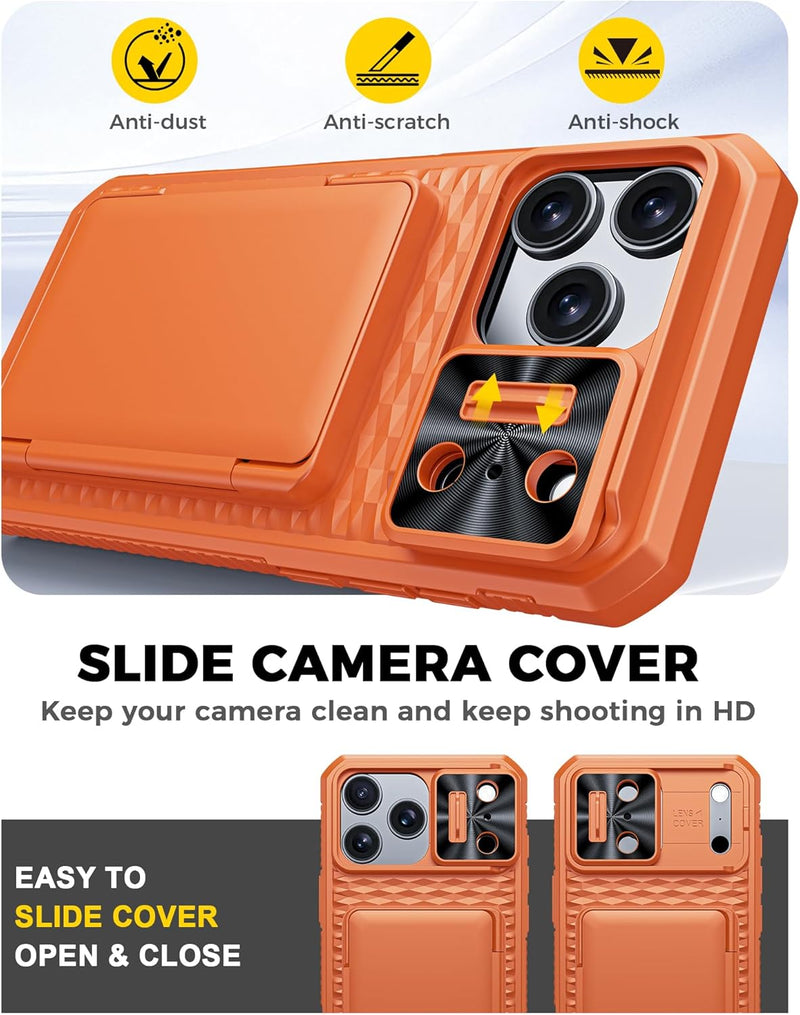 for iPhone 17 Pro Max Case Wallet, Built-in RFID Blocking Card Holder (4-5 Cards), Camera Control Button, Slide Camera Cover, Shockproof Rugged Silicone Phone Case for iPhone 17 Pro Max, Orange