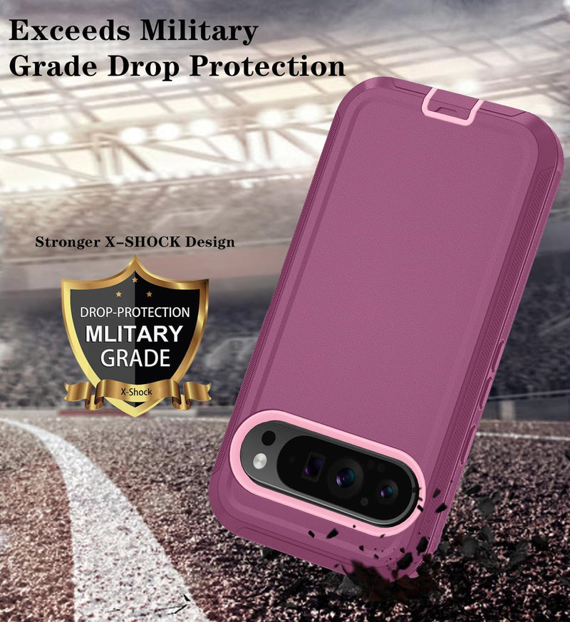 Qinmay Phone Case for Google Pixel 10 Pro XL Case with HD Screen Protector, Heavy Duty Shockproof & Dropproof 3-Layer Cover Phone Case (WineRedPink, for Pixel 10 Pro XL)