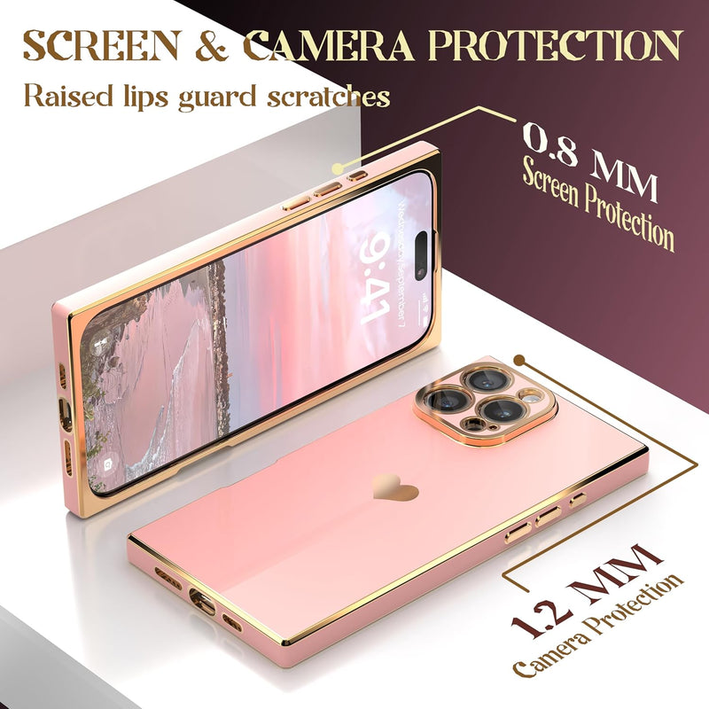Case for iPhone 17 Pro Max - Rectangle Design, Full Camera Protection, Cute Heart Pattern, Electroplated Reinforced Corners, Shockproof Edge Bumper,Compatible with iPhone 17 Pro Max,Pink