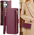iPhone 16 Wallet Case RFID Blocking Zipper Credit Card Holder Slots Red
