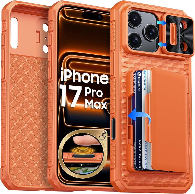 for iPhone 17 Pro Max Case Wallet, Built-in RFID Blocking Card Holder (4-5 Cards), Camera Control Button, Slide Camera Cover, Shockproof Rugged Silicone Phone Case for iPhone 17 Pro Max, Orange