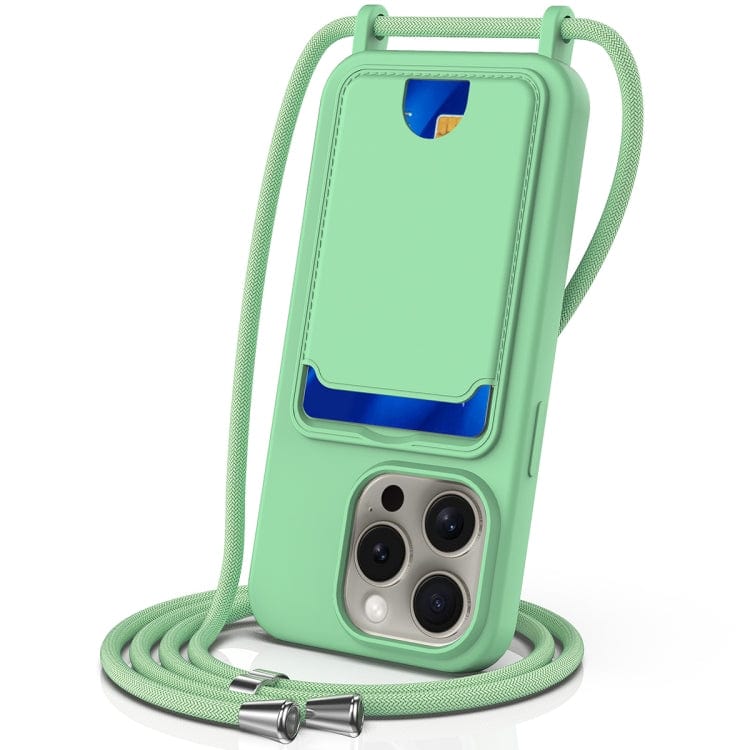 Integrated Card Bag Solid Color Liquid Silicone Phone Case with Lanyard