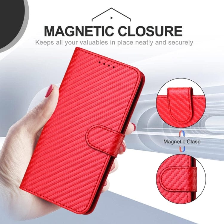 YX0070 Carbon Fiber Buckle Leather Phone Case with Lanyar...