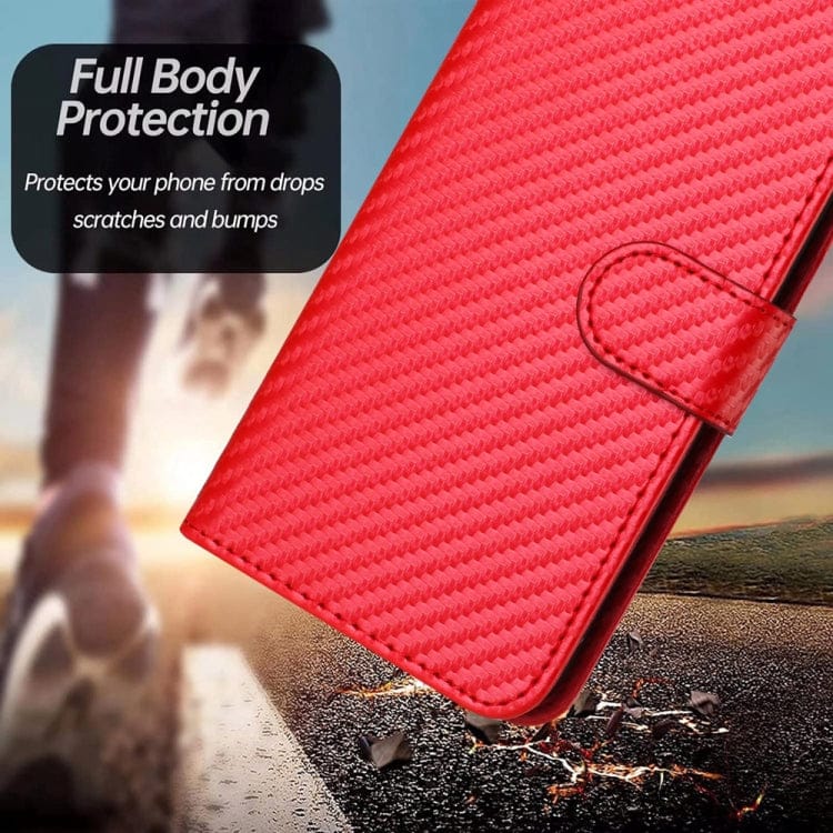 YX0070 Carbon Fiber Buckle Leather Phone Case with Lanyar...