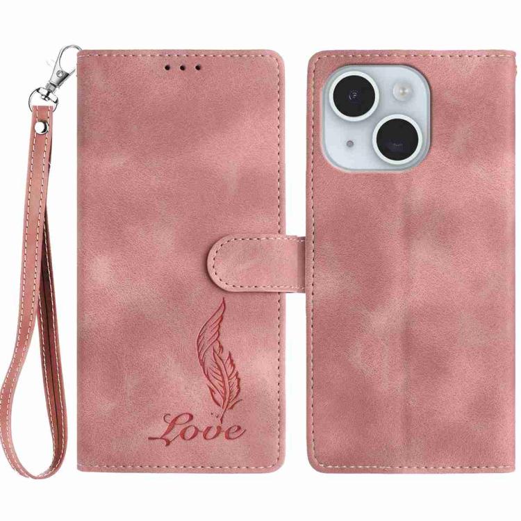 iPhone 14/15 Series Skin Feel Embossed Feather Leather Phone Case