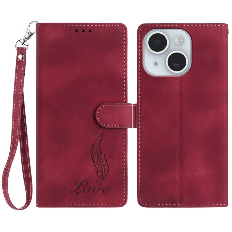 iPhone 14/15 Series Skin Feel Embossed Feather Leather Phone Case