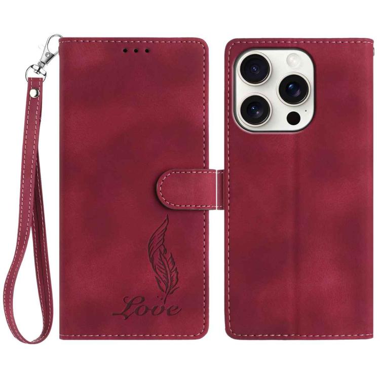 iPhone 14/15 Series Skin Feel Embossed Feather Leather Phone Case