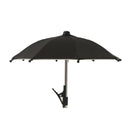 Phone Umbrella Sun Shade with Clip On Mount open, showing the black silver-coated canopy and clamp