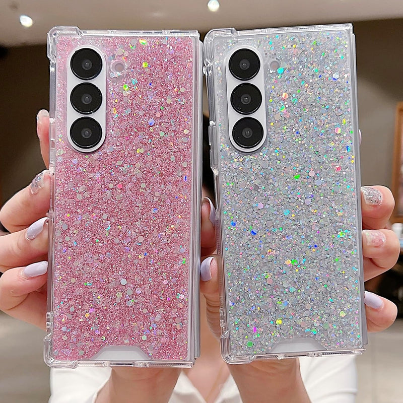Auroicyy for Samsung Galaxy Z Fold 6 Glitter Cute Case, Women Girly Soft TPU Bumper Shining Sparkle Bling Hard PC Back Shockproof Protective Phone Cover for Samsung Galaxy Z Fold 6 (Pink)