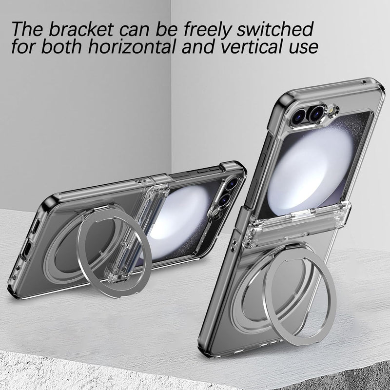 Case Compatible Samsung Galaxy Z Flip 6 Shockproof Hard PC Hinge Protection Ring Holder Case Ultra - Thin Anti - Slip Skin Matte Bumper Magnetic Magsafe Case for Samsung Z Flip 6,Transparent