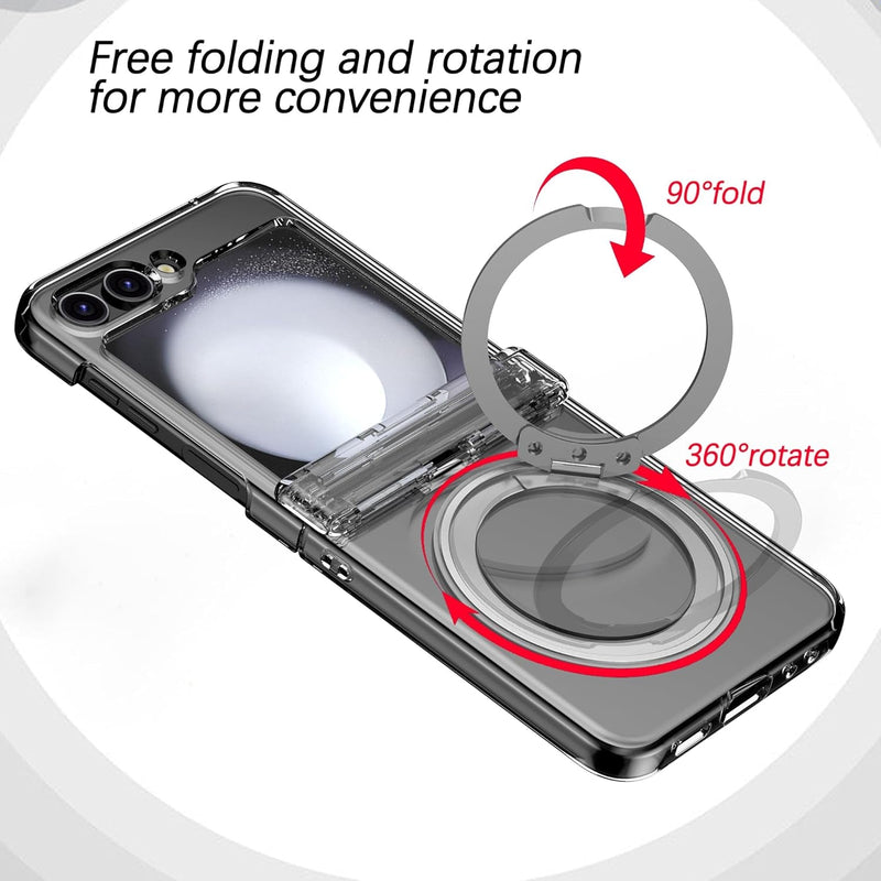 Case Compatible Samsung Galaxy Z Flip 6 Shockproof Hard PC Hinge Protection Ring Holder Case Ultra - Thin Anti - Slip Skin Matte Bumper Magnetic Magsafe Case for Samsung Z Flip 6,Transparent