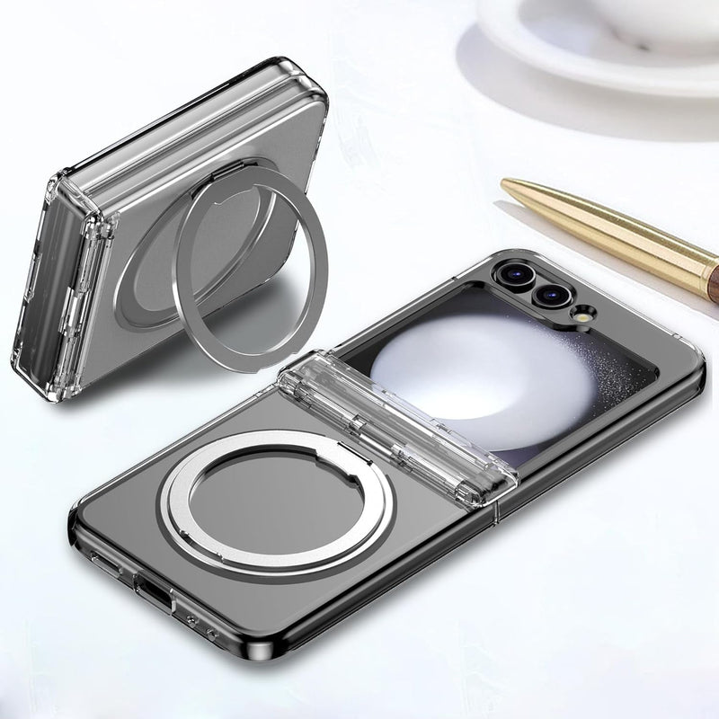 Case Compatible Samsung Galaxy Z Flip 6 Shockproof Hard PC Hinge Protection Ring Holder Case Ultra - Thin Anti - Slip Skin Matte Bumper Magnetic Magsafe Case for Samsung Z Flip 6,Transparent