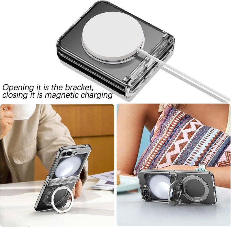 Case Compatible Samsung Galaxy Z Flip 6 Shockproof Hard PC Hinge Protection Ring Holder Case Ultra - Thin Anti - Slip Skin Matte Bumper Magnetic Magsafe Case for Samsung Z Flip 6,Transparent