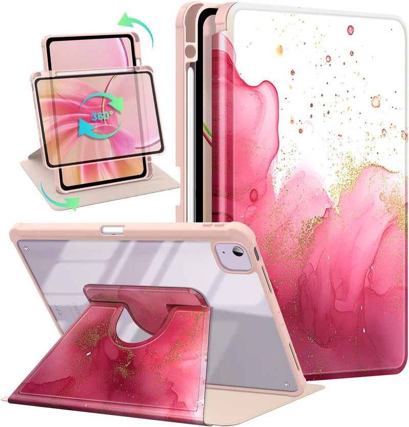 Case for Ipad Air 11 - Inch M2 (2024), Ipad Air 5Th Gen (2022) 10.9 Inch with Pencil Holder - [Auto Wake/Sleep] Shockproof Protective Stand Case, Pink Gilded Gold