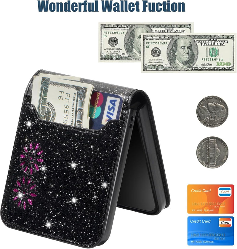 Ccsamll for Samsung Galaxy Z Flip 6 Case with Card Holder for Women, Bling Glitter Premium Leather Wallet Phone Case Protective Cover for Samsung Galaxy Z Flip6 /Z Flip 5 XKK Black