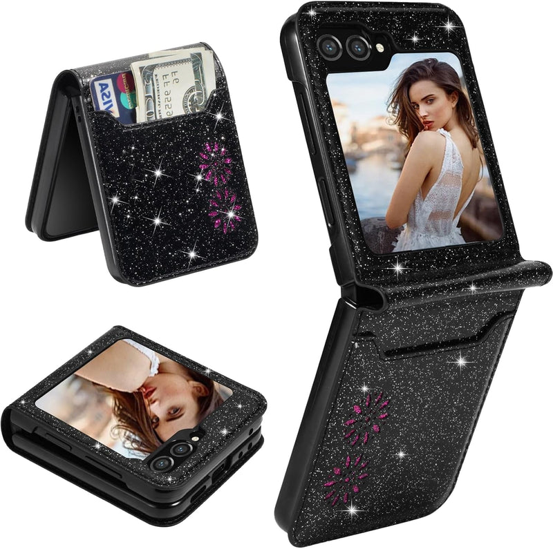Ccsamll for Samsung Galaxy Z Flip 6 Case with Card Holder for Women, Bling Glitter Premium Leather Wallet Phone Case Protective Cover for Samsung Galaxy Z Flip6 /Z Flip 5 XKK Black