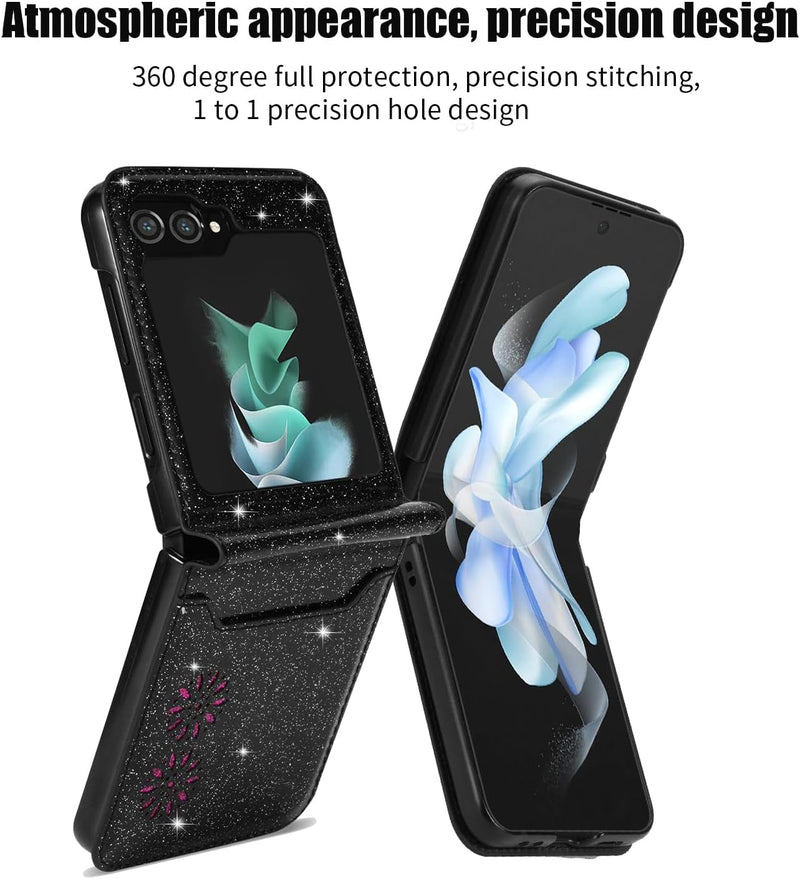 Ccsamll for Samsung Galaxy Z Flip 6 Case with Card Holder for Women, Bling Glitter Premium Leather Wallet Phone Case Protective Cover for Samsung Galaxy Z Flip6 /Z Flip 5 XKK Black