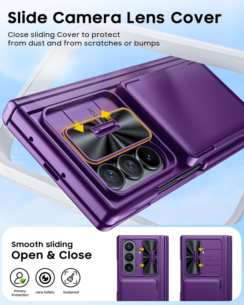 CENMASO for Samsung Galaxy Z Fold 7 Case with Card Holder [RFID Blocking] Camera Cover, Hinge Protection, Hidden Kickstand, Screen Protector, Slim Shockproof Phone Case for Galaxy Z Fold 7 - Purple