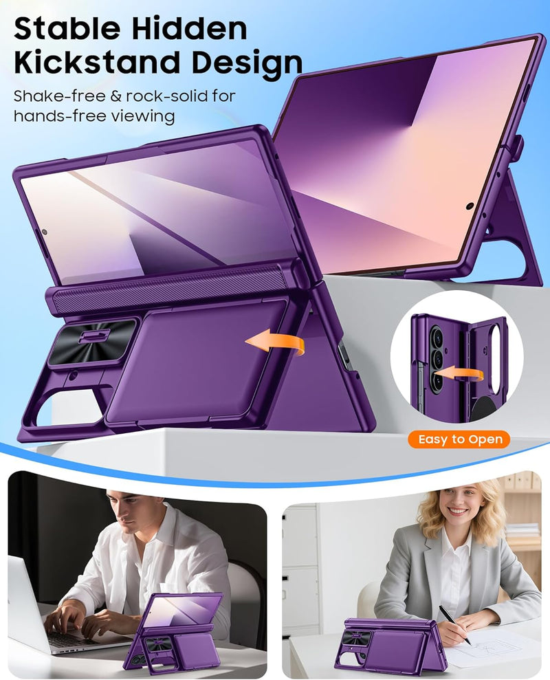 CENMASO for Samsung Galaxy Z Fold 7 Case with Card Holder [RFID Blocking] Camera Cover, Hinge Protection, Hidden Kickstand, Screen Protector, Slim Shockproof Phone Case for Galaxy Z Fold 7 - Purple
