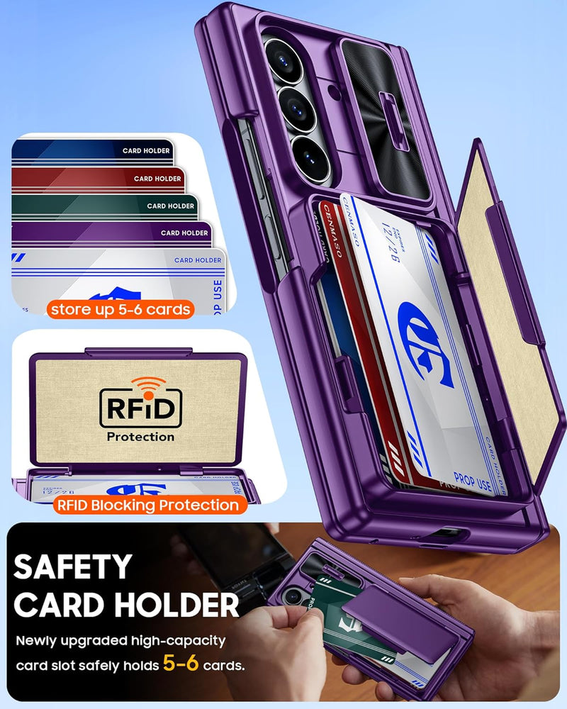 CENMASO for Samsung Galaxy Z Fold 7 Case with Card Holder [RFID Blocking] Camera Cover, Hinge Protection, Hidden Kickstand, Screen Protector, Slim Shockproof Phone Case for Galaxy Z Fold 7 - Purple