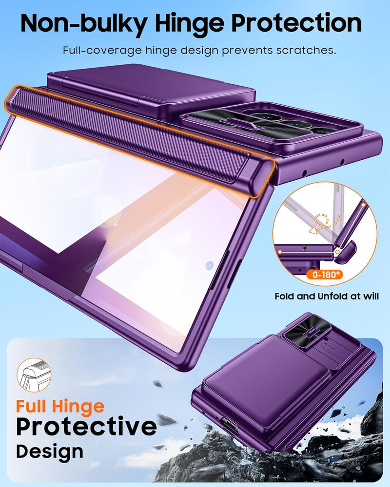 CENMASO for Samsung Galaxy Z Fold 7 Case with Card Holder [RFID Blocking] Camera Cover, Hinge Protection, Hidden Kickstand, Screen Protector, Slim Shockproof Phone Case for Galaxy Z Fold 7 - Purple
