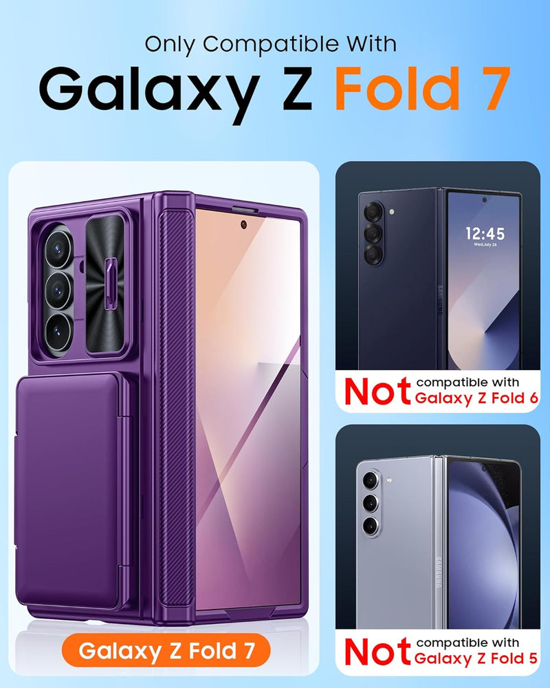 CENMASO for Samsung Galaxy Z Fold 7 Case with Card Holder [RFID Blocking] Camera Cover, Hinge Protection, Hidden Kickstand, Screen Protector, Slim Shockproof Phone Case for Galaxy Z Fold 7 - Purple