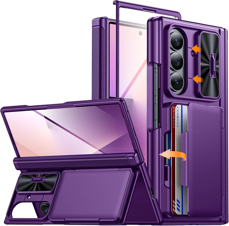 CENMASO for Samsung Galaxy Z Fold 7 Case with Card Holder [RFID Blocking] Camera Cover, Hinge Protection, Hidden Kickstand, Screen Protector, Slim Shockproof Phone Case for Galaxy Z Fold 7 - Purple
