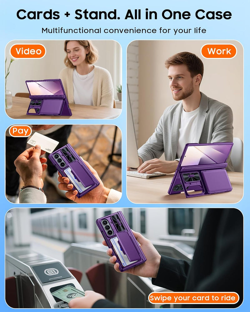 CENMASO for Samsung Galaxy Z Fold 7 Case with Card Holder [RFID Blocking] Camera Cover, Hinge Protection, Hidden Kickstand, Screen Protector, Slim Shockproof Phone Case for Galaxy Z Fold 7 - Purple