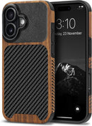 Compatible with Iphone 17 Pro Max Case Wood Grain with Carbon Fiber Texture Design Leather Hybrid Slim Case (Black)