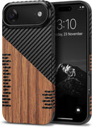 Compatible with Iphone 17 Pro Max Case Wood Grain with Carbon Fiber Texture Design Leather Hybrid Slim Case (Black)