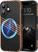 Compatible with Iphone 17 Pro Max Case Wood Grain with Carbon Fiber Texture Design Leather Hybrid Slim Case (Black)