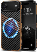 Compatible with Iphone 17 Pro Max Case Wood Grain with Carbon Fiber Texture Design Leather Hybrid Slim Case (Black)