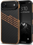 Compatible with Iphone 17 Pro Max Case Wood Grain with Carbon Fiber Texture Design Leather Hybrid Slim Case (Black)