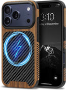 Compatible with Iphone 17 Pro Max Case Wood Grain with Carbon Fiber Texture Design Leather Hybrid Slim Case (Black)
