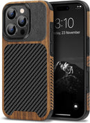 Compatible with Iphone 17 Pro Max Case Wood Grain with Carbon Fiber Texture Design Leather Hybrid Slim Case (Black)