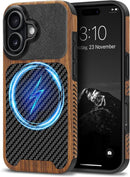 Compatible with Iphone 17 Pro Max Case Wood Grain with Carbon Fiber Texture Design Leather Hybrid Slim Case (Black)