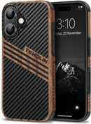 Compatible with Iphone 17 Pro Max Case Wood Grain with Carbon Fiber Texture Design Leather Hybrid Slim Case (Black)