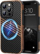 Compatible with Iphone 17 Pro Max Case Wood Grain with Carbon Fiber Texture Design Leather Hybrid Slim Case (Black)