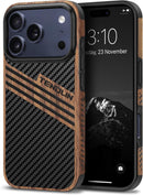 Compatible with Iphone 17 Pro Max Case Wood Grain with Carbon Fiber Texture Design Leather Hybrid Slim Case (Black)
