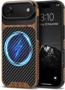 Compatible with Iphone 17 Pro Max Case Wood Grain with Carbon Fiber Texture Design Leather Hybrid Slim Case (Black)