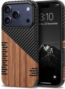 Compatible with Iphone 17 Pro Max Case Wood Grain with Carbon Fiber Texture Design Leather Hybrid Slim Case (Black)
