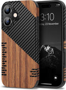 Compatible with Iphone 17 Pro Max Case Wood Grain with Carbon Fiber Texture Design Leather Hybrid Slim Case (Black)