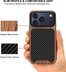 Compatible with Iphone 17 Pro Max Case Wood Grain with Carbon Fiber Texture Design Leather Hybrid Slim Case (Black)